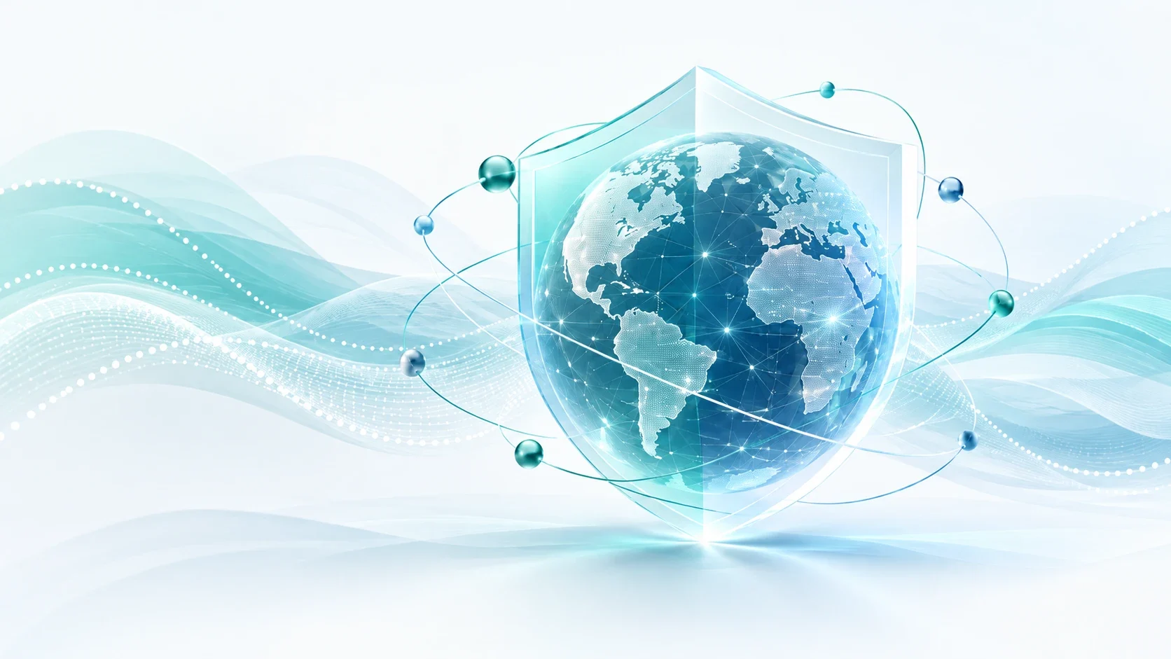 Globe inside a transparent security shield, circled by connected data points